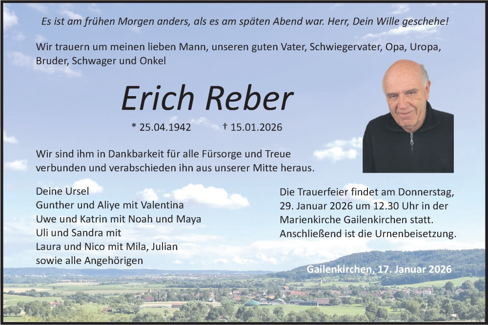  Traueranzeige für Erich Reber vom 17.01.2026 aus Haller Tagblatt