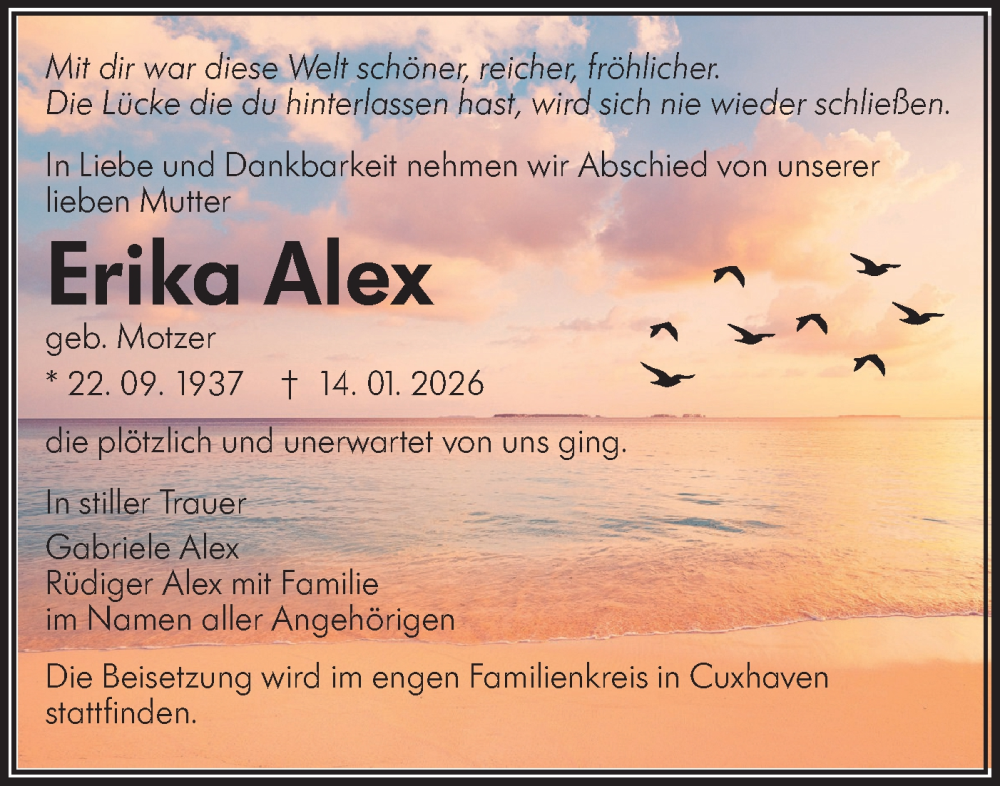  Traueranzeige für Erika Alex vom 24.01.2026 aus Schwäbische Tagblatt