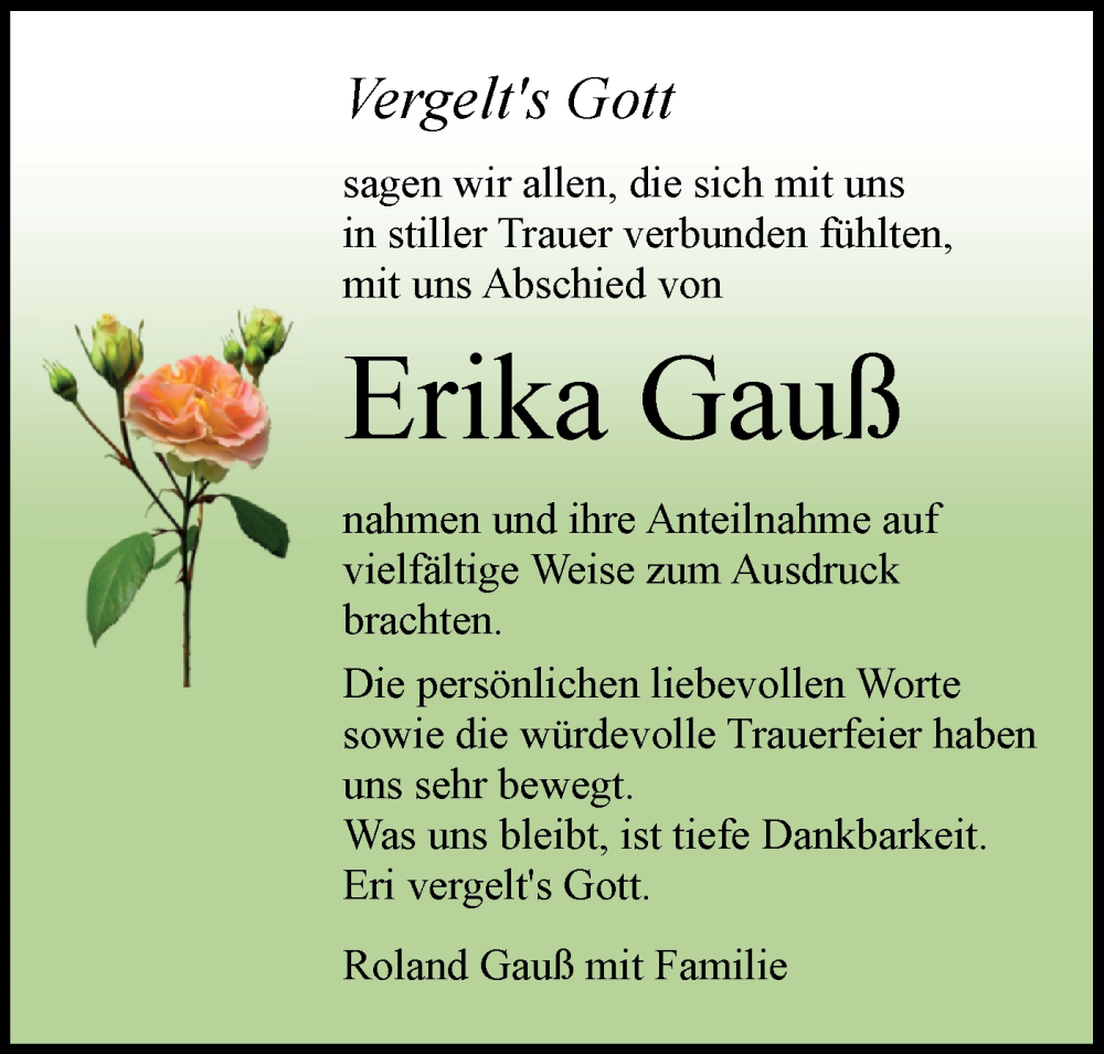  Traueranzeige für Erika Gauß vom 10.01.2026 aus Schwäbische Tagblatt