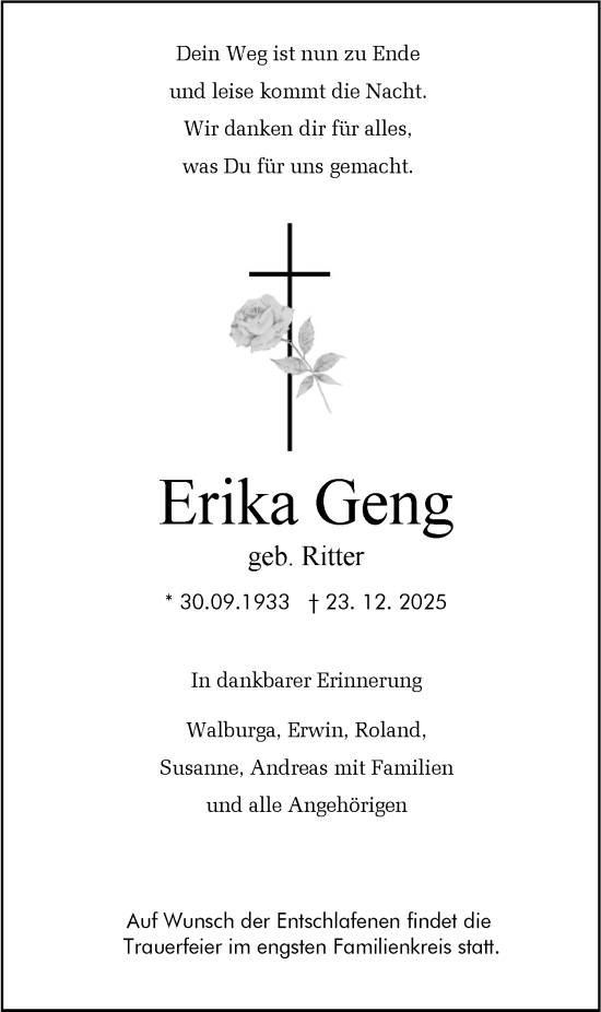 Traueranzeige von Erika Geng von SÜDWEST PRESSE Zollernalbkreis/Hohenzollerische Zeitung