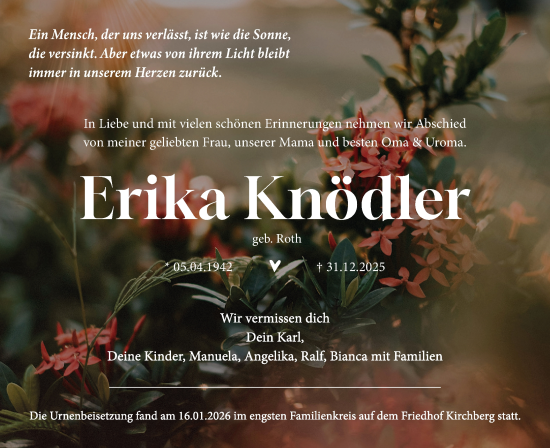 Traueranzeige von Erika Knödler von Hohenloher Tagblatt