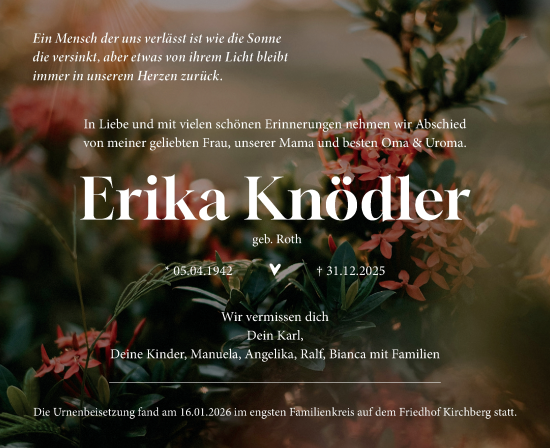 Traueranzeige von Erika Knödler von Haller Tagblatt