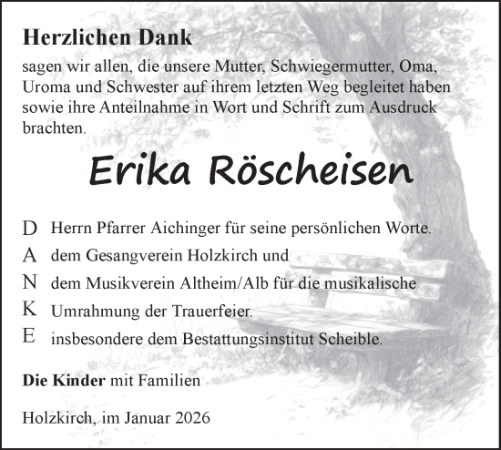 Traueranzeige von Erika Röscheisen von SÜDWEST PRESSE Ausgabe Ulm/Neu-Ulm