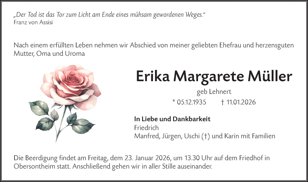  Traueranzeige für Erika Margarete Müller vom 17.01.2026 aus Haller Tagblatt
