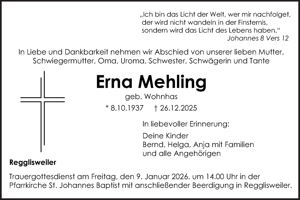  Traueranzeige für Erna Mehling vom 02.01.2026 aus SÜDWEST PRESSE Ausgabe Ulm/Neu-Ulm