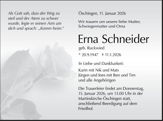 Traueranzeige von Erna Schneider von Schwäbische Tagblatt