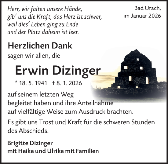Traueranzeige von Erwin Dizinger von Alb-Bote/Metzinger-Uracher Volksblatt