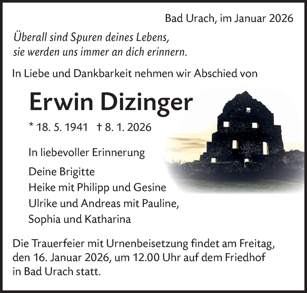  Traueranzeige für Erwin Dizinger vom 10.01.2026 aus Alb-Bote/Metzinger-Uracher Volksblatt