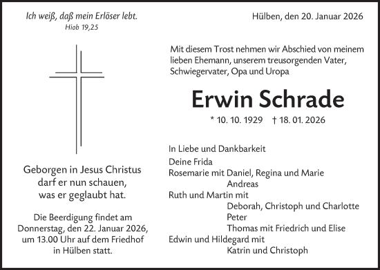Traueranzeige von Erwin Schrade von Alb-Bote/Metzinger-Uracher Volksblatt