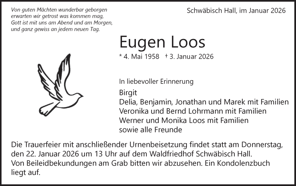  Traueranzeige für Eugen Loos vom 10.01.2026 aus Haller Tagblatt