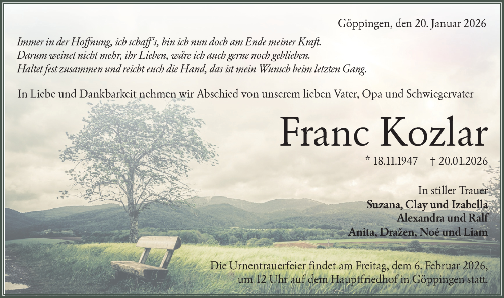  Traueranzeige für Franc Kozlar vom 24.01.2026 aus NWZ Neue Württembergische Zeitung