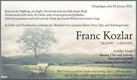 Traueranzeige von Franc Kozlar von NWZ Neue Württembergische Zeitung