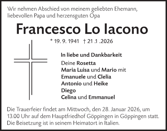Traueranzeige von Francesco Lo Iacono von NWZ Neue Württembergische Zeitung