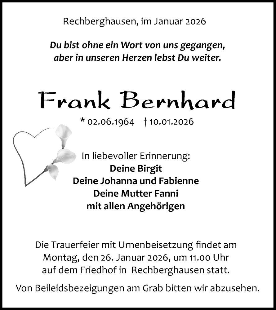  Traueranzeige für Frank Bernhard vom 17.01.2026 aus NWZ Neue Württembergische Zeitung