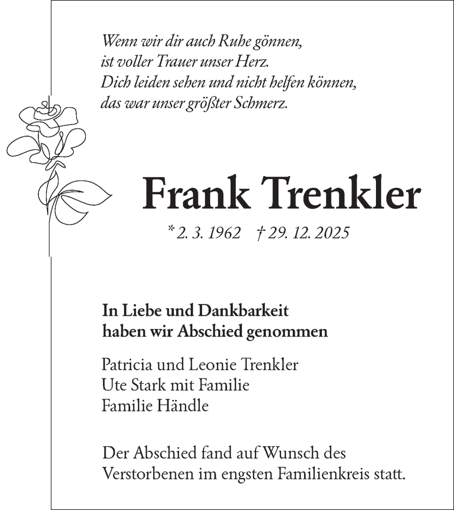  Traueranzeige für Frank Trenkler vom 17.01.2026 aus NWZ Neue Württembergische Zeitung