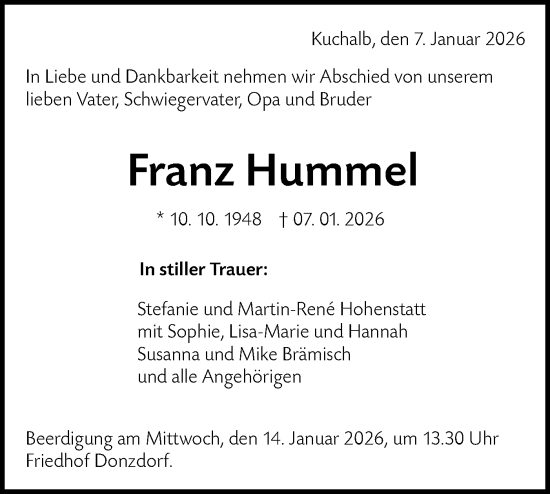 Traueranzeige von Franz Hummel von NWZ Neue Württembergische Zeitung