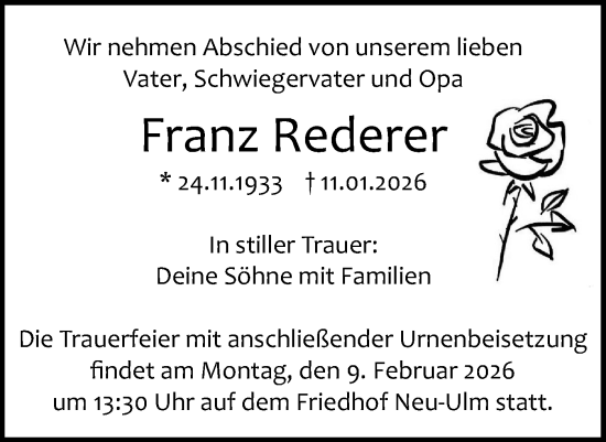 Traueranzeige von Franz Rederer von SÜDWEST PRESSE Ausgabe Ulm/Neu-Ulm