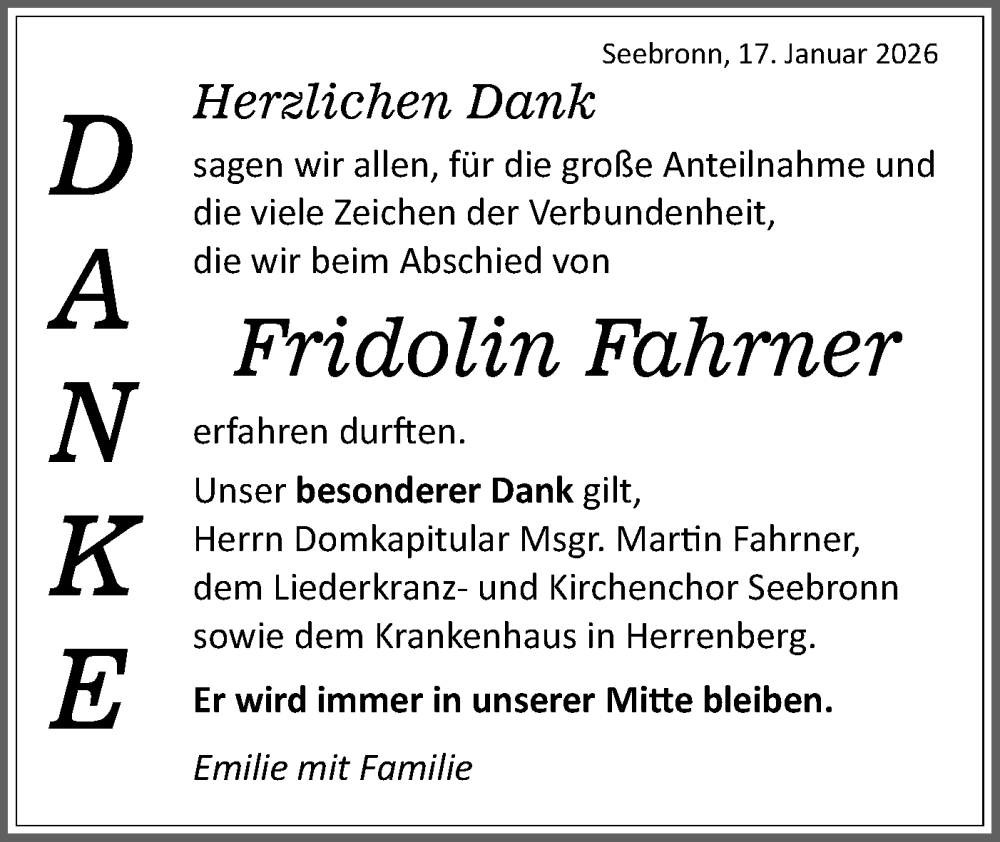  Traueranzeige für Fridolin Fahrner vom 17.01.2026 aus Schwäbische Tagblatt