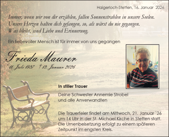 Traueranzeige von Frieda Maurer von SÜDWEST PRESSE Zollernalbkreis/Hohenzollerische Zeitung