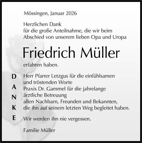 Traueranzeige von Friedrich Müller von Schwäbische Tagblatt