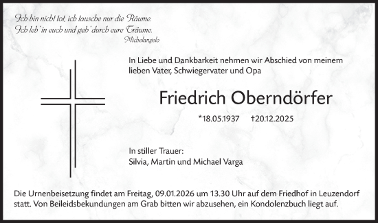 Traueranzeige von Friedrich Oberndörfer von Hohenloher Tagblatt