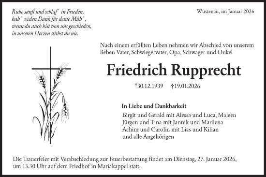Traueranzeige von Friedrich Rupprecht von Hohenloher Tagblatt