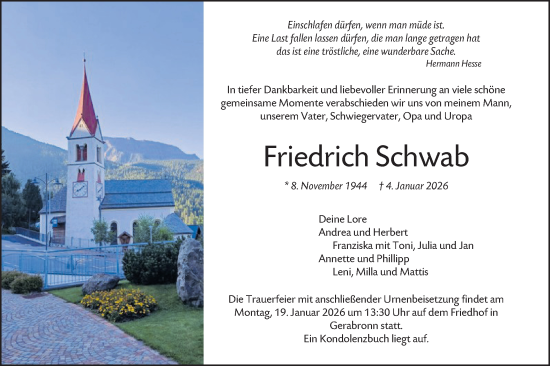 Traueranzeige von Friedrich Schwab von Hohenloher Tagblatt