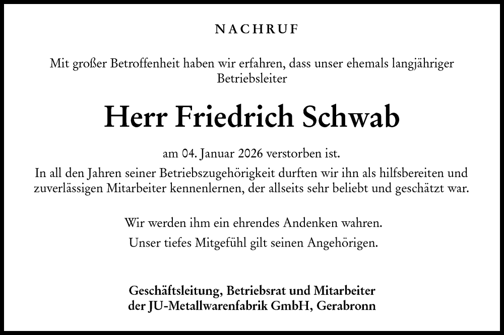  Traueranzeige für Friedrich Schwab vom 17.01.2026 aus Hohenloher Tagblatt