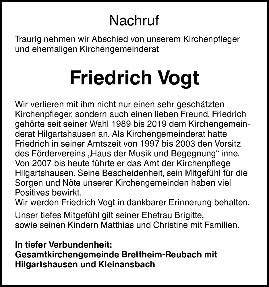  Traueranzeige für Friedrich Vogt vom 15.01.2026 aus Hohenloher Tagblatt