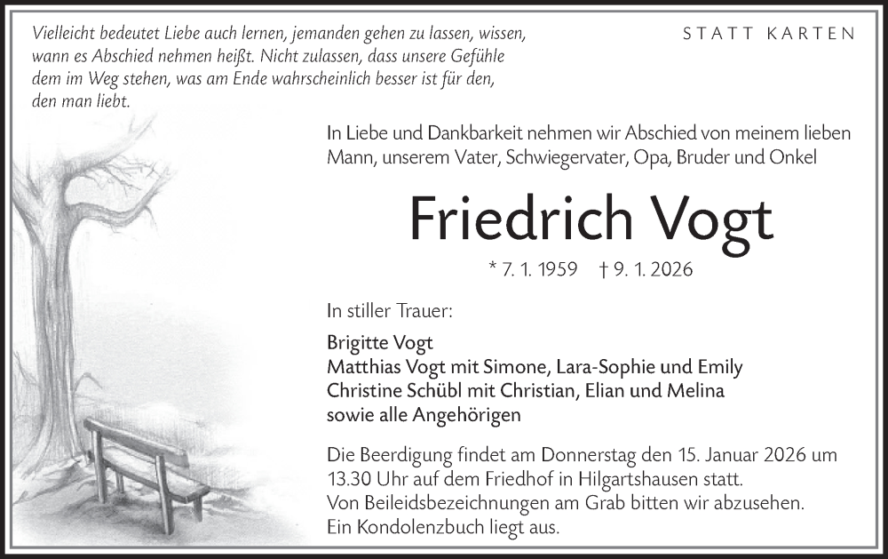  Traueranzeige für Friedrich Vogt vom 13.01.2026 aus Hohenloher Tagblatt
