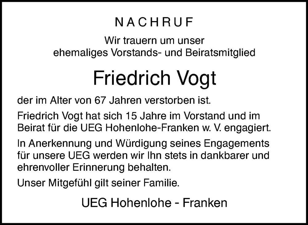  Traueranzeige für Friedrich Vogt vom 15.01.2026 aus Hohenloher Tagblatt
