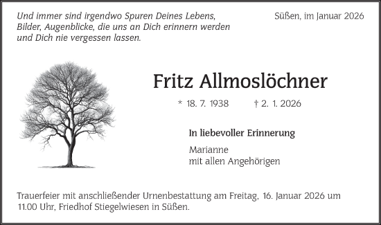 Traueranzeige von Fritz Allmoslöchner von NWZ Neue Württembergische Zeitung