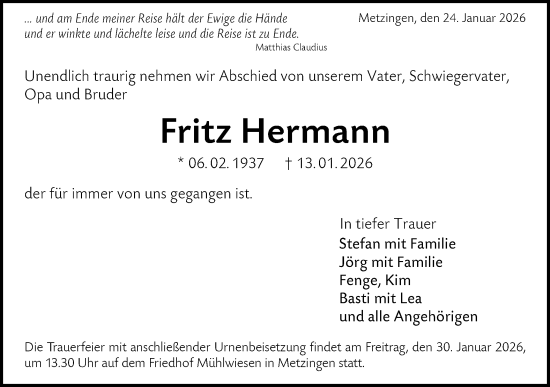 Traueranzeige von Fritz Hermann von Alb-Bote/Metzinger-Uracher Volksblatt