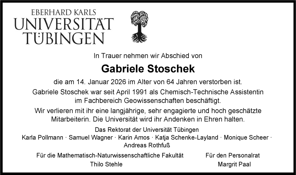  Traueranzeige für Gabriele Stoschek vom 24.01.2026 aus Schwäbische Tagblatt