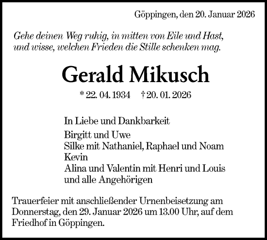 Traueranzeige von Gerald Mikusch von NWZ Neue Württembergische Zeitung