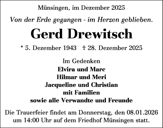 Traueranzeige von Gerd Drewitsch von Alb-Bote/Metzinger-Uracher Volksblatt