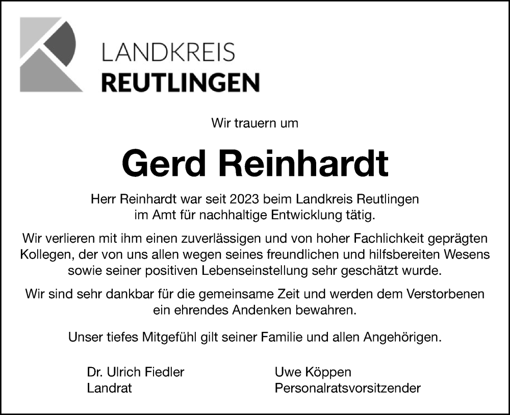 Traueranzeige für Gerd Reinhardt vom 19.01.2026 aus Alb-Bote/Metzinger-Uracher Volksblatt