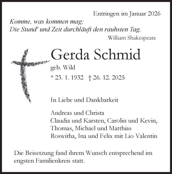 Traueranzeige von Gerda Schmid von Schwäbische Tagblatt
