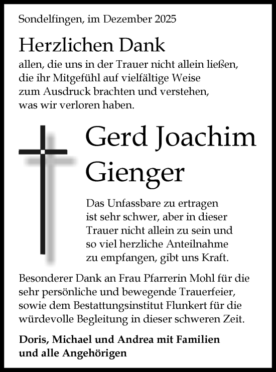 Traueranzeige von Gerd Joachim Gienger von Alb-Bote/Metzinger-Uracher Volksblatt