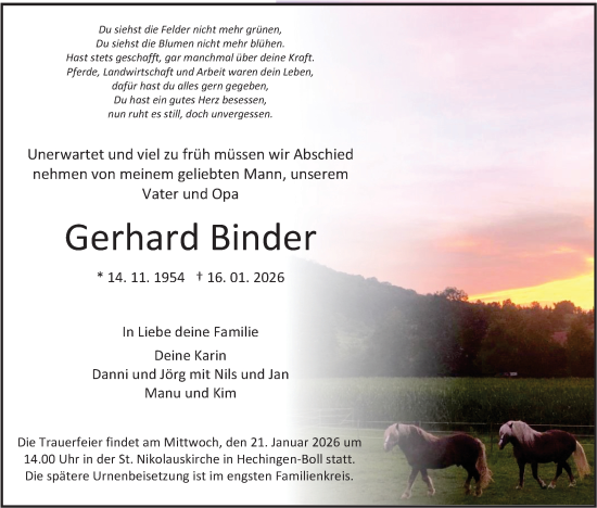 Traueranzeige von Gerhard Binder von SÜDWEST PRESSE Zollernalbkreis/Hohenzollerische Zeitung