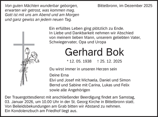 Traueranzeige von Gerhard Bok von Neckar-Chronik