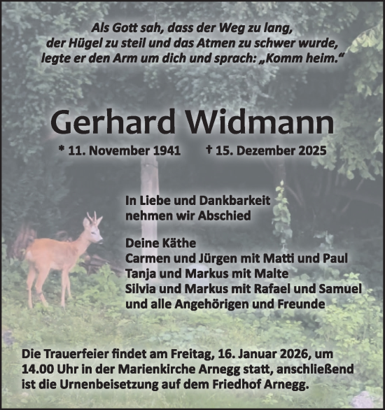 Traueranzeige von Gerhard Widmann von SÜDWEST PRESSE Ausgabe Ulm/Neu-Ulm