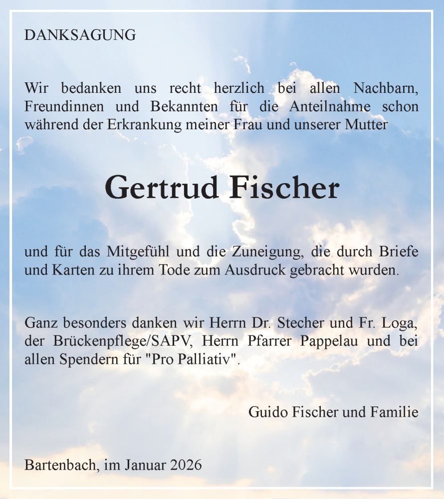  Traueranzeige für Gertrud Fischer vom 10.01.2026 aus NWZ Neue Württembergische Zeitung