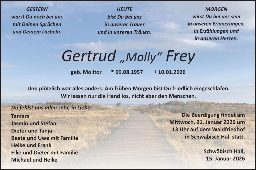  Traueranzeige für Gertrud Frey vom 15.01.2026 aus Haller Tagblatt