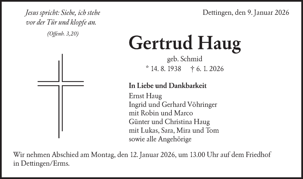  Traueranzeige für Gertrud Haug vom 09.01.2026 aus Alb-Bote/Metzinger-Uracher Volksblatt