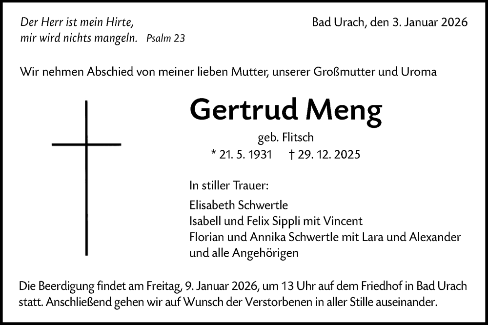  Traueranzeige für Gertrud Meng vom 03.01.2026 aus Alb-Bote/Metzinger-Uracher Volksblatt