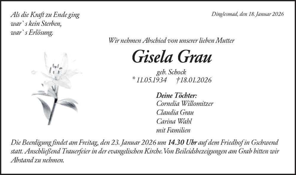  Traueranzeige für Gisela Grau vom 21.01.2026 aus Rundschau Gaildorf