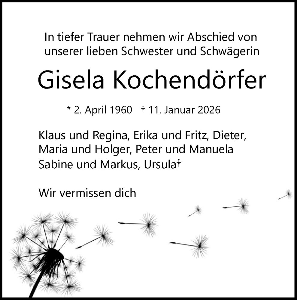  Traueranzeige für Gisela Kochendörfer vom 17.01.2026 aus Haller Tagblatt