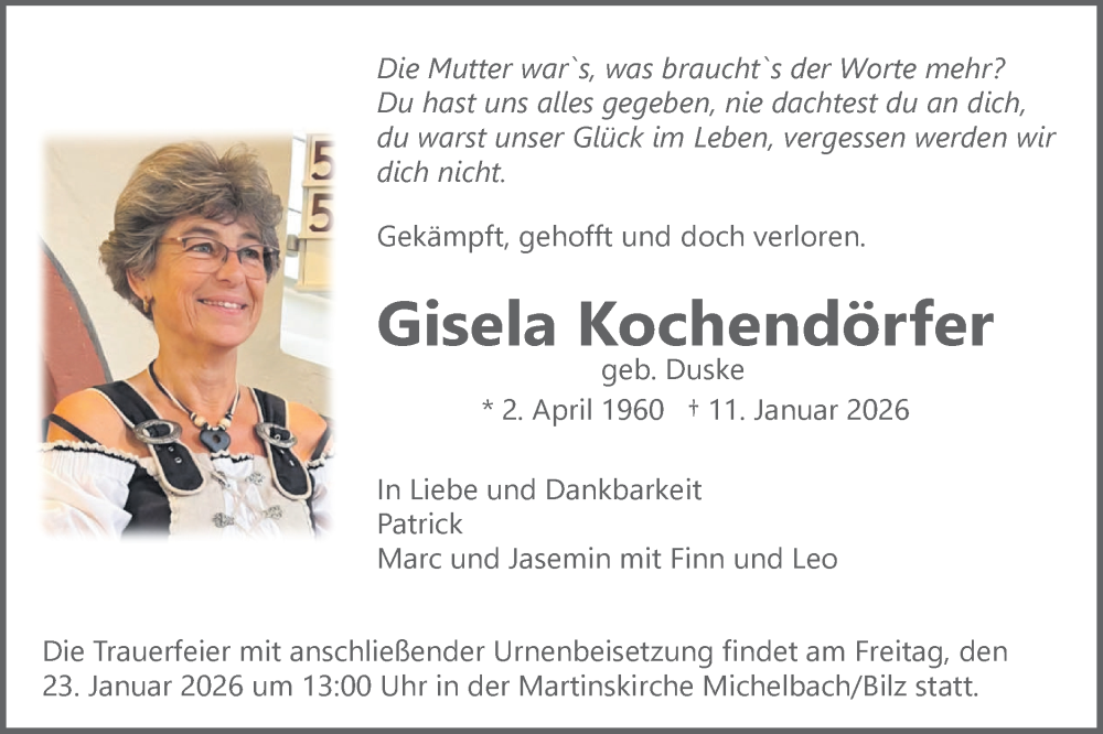  Traueranzeige für Gisela Kochendörfer vom 17.01.2026 aus Haller Tagblatt