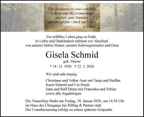 Traueranzeige von Gisela Schmid von Schwäbische Tagblatt
